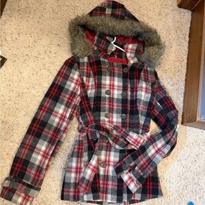 Rue21 Red Black Gray Plaid Hooded Coat with Faux Fur Trim